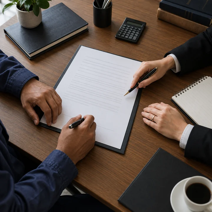 Pessoas conferindo cuidadosamente os termos de um acordo de trabalho