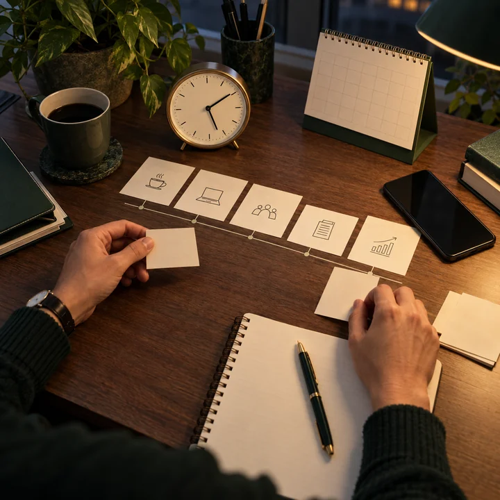 Pessoa organizando registros de horários e atividades de trabalho