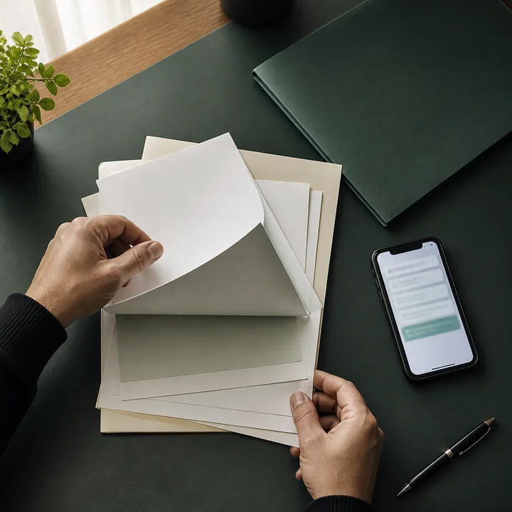 Pessoa organizando documentos ao lado de um celular para conferir uma negativação